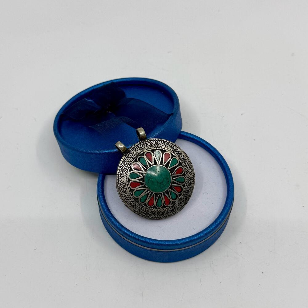 Antique Tibetan Large Handmade Turquoise And Sterling Silver Pendant 98$